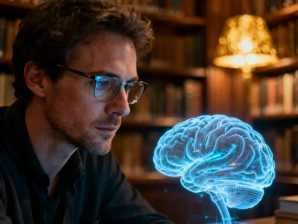 Mężczyzna w okularach z uwagą przygląda się świecącemu, holograficznemu modelowi mózgu w przytulnej bibliotece.