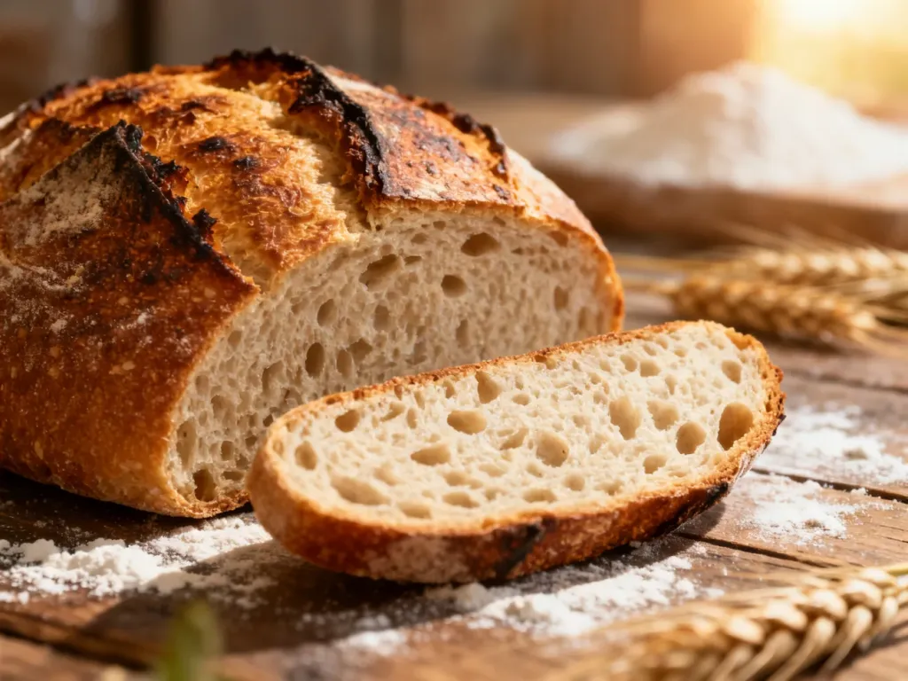 Świeżo upieczony bochenek chleba na zakwasie z chrupiącą skórką i porowatym wnętrzem na rustykalnym, mącznym stole.