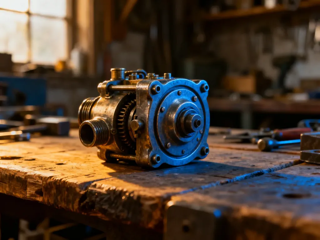 Zabytkowa, metalowa część mechaniczna leżąca na drewnianym stole warsztatowym, symbolizująca tajemniczy „wihajster”.
