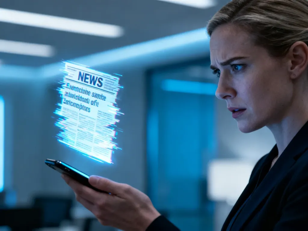 Kobieta z niedowierzaniem patrzy na zniekształcony hologram wiadomości nad smartfonem, co ilustruje problem fake newsów.