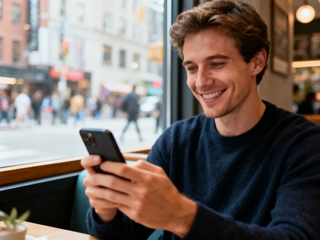 Uśmiechnięty mężczyzna przeglądający telefon w kawiarni, co ilustruje cyfrową komunikację w świecie rzeczywistym.