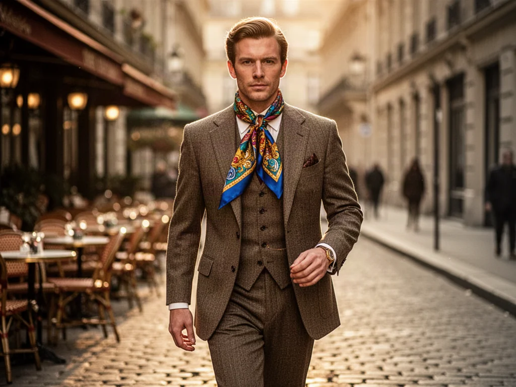 Elegancki mężczyzna w stylu lat 60. spacerujący po słonecznej ulicy, uosabiający szyk i pewność siebie dżolero.