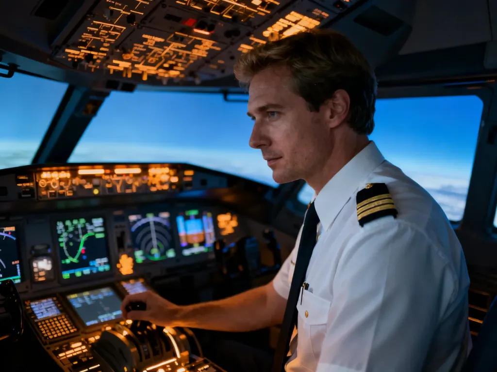 Pilot w profesjonalnym mundurze obsługujący nowoczesny symulator lotu w oświetlonym kokpicie.
