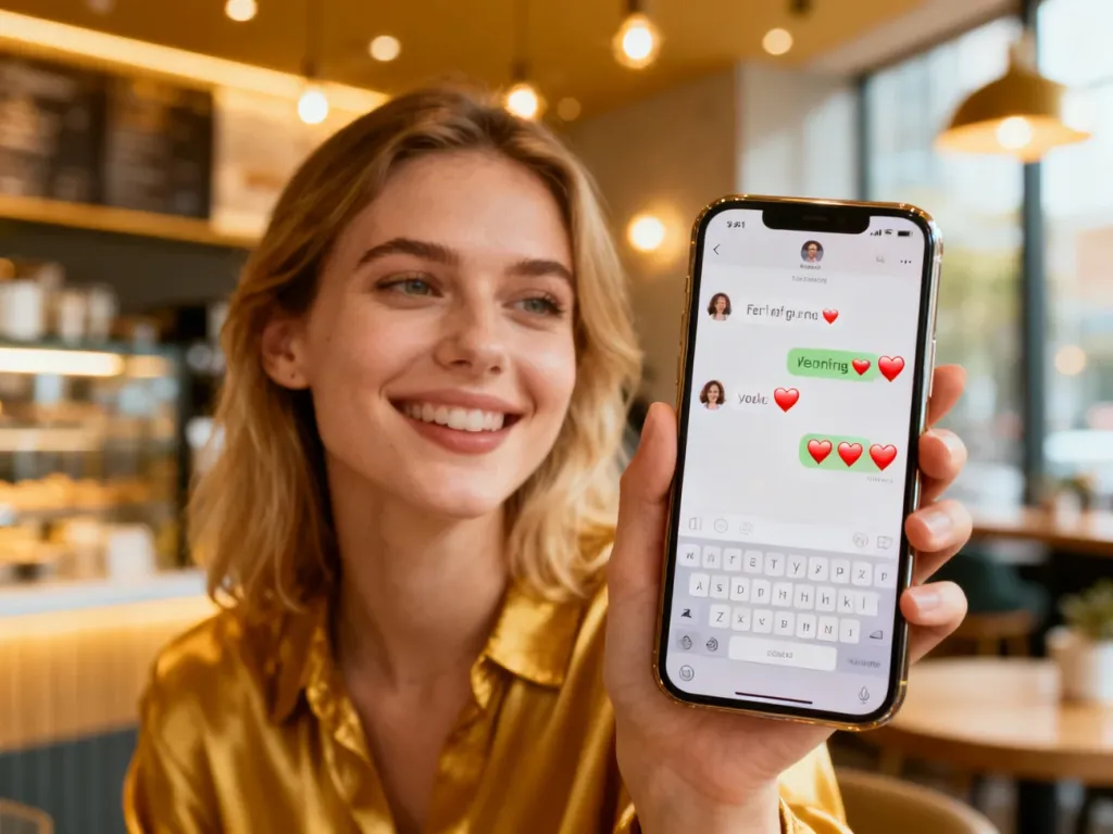 Kobieta trzymająca smartfon z przyjazną konwersacją i emotikonami serc w przytulnej kawiarni.