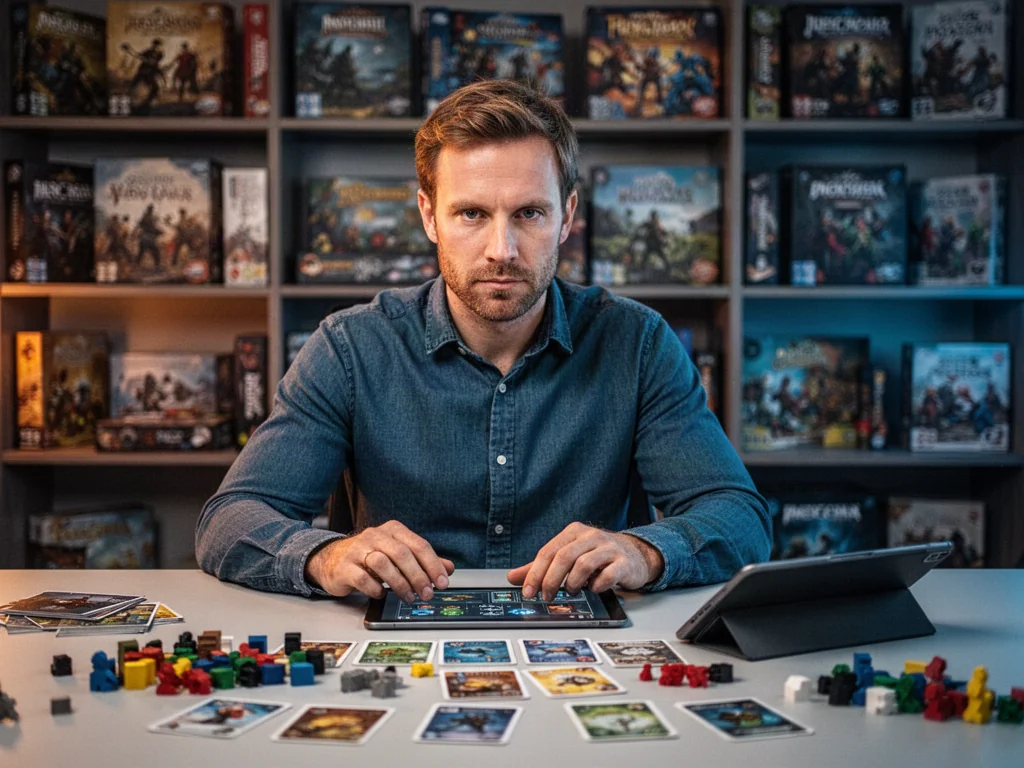 Ludolog przy biurku analizujący mechaniki gier planszowych i cyfrowych w otoczeniu akcesoriów do gier.