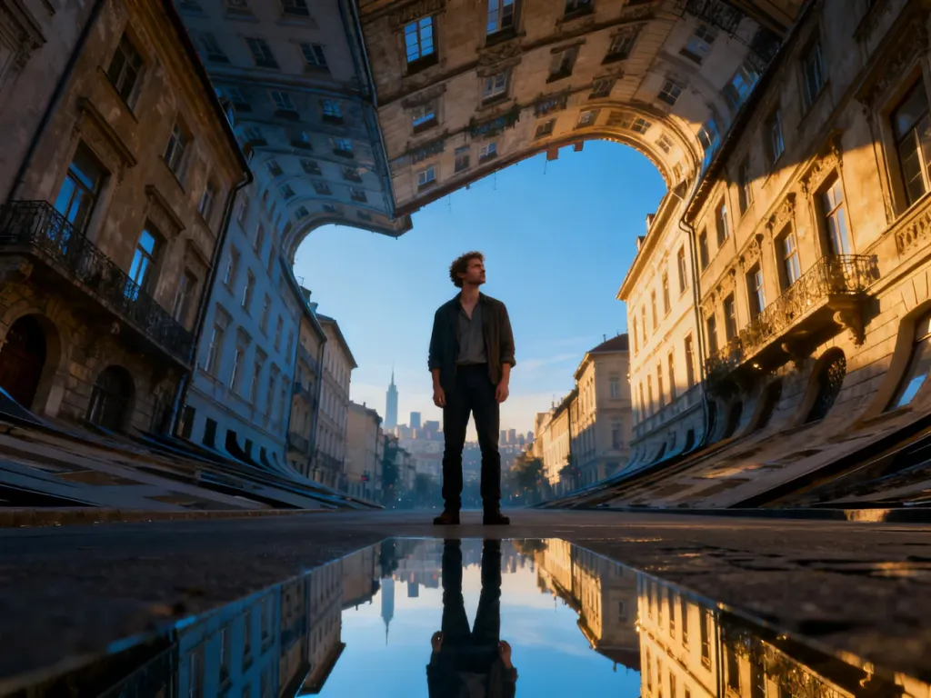 Mężczyzna stojący na środku zakrzywionej ulicy, gdzie budynki wyginają się ku niebu, ilustrując surrealistyczny świat snów.