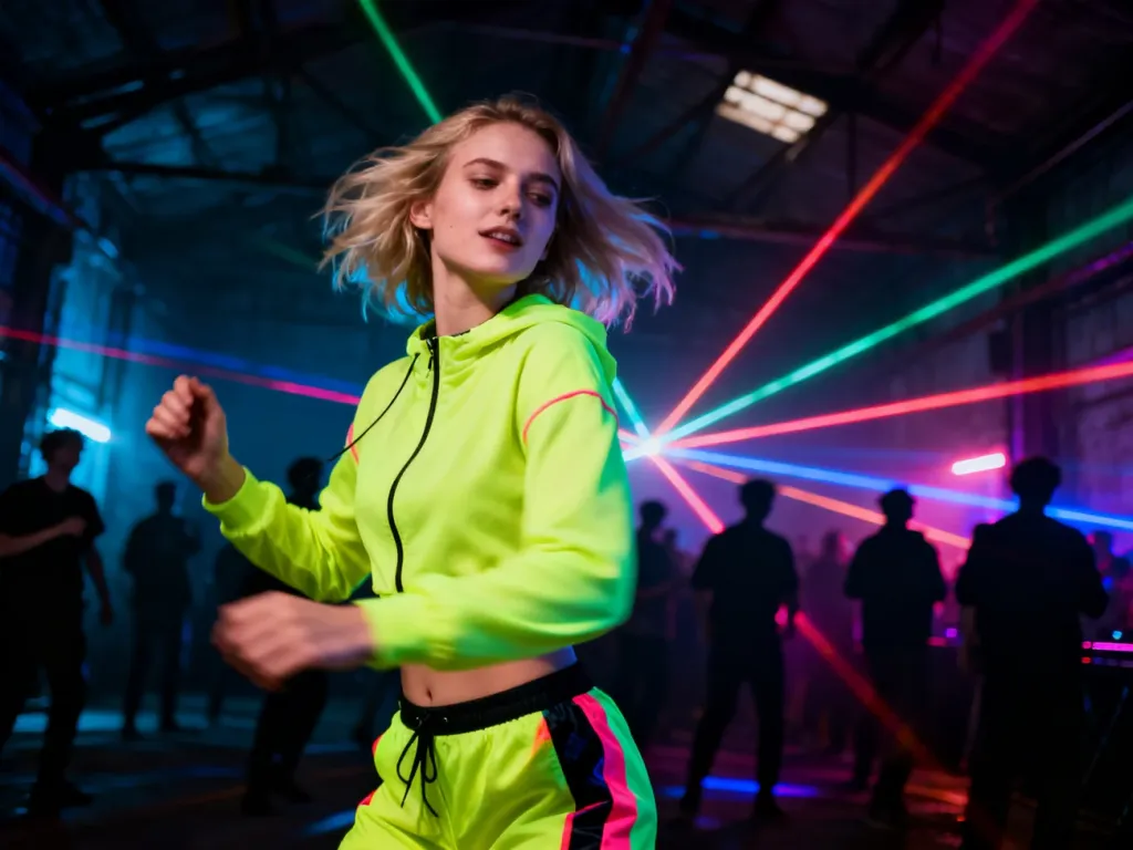 Młoda kobieta w neonowym stroju tańczy na undergroundowej imprezie w industrialnym wnętrzu pełnym świateł lasera.