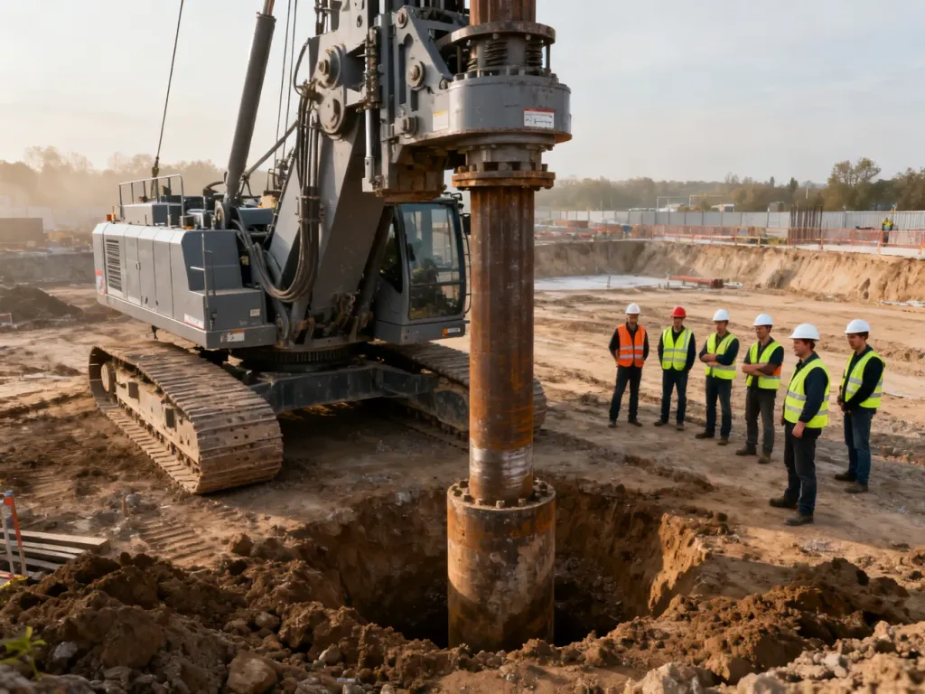 Hydrauliczny kafar wbija stalowy pal w ziemię na placu budowy pod nadzorem pracowników w odzieży ochronnej.