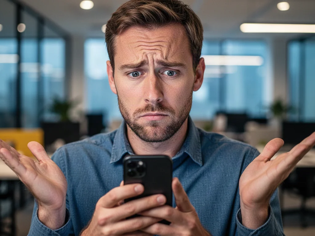 Mężczyzna w biurze patrzy na telefon z wyrazem dezorientacji i wzrusza ramionami, ilustrując znaczenie emoji.