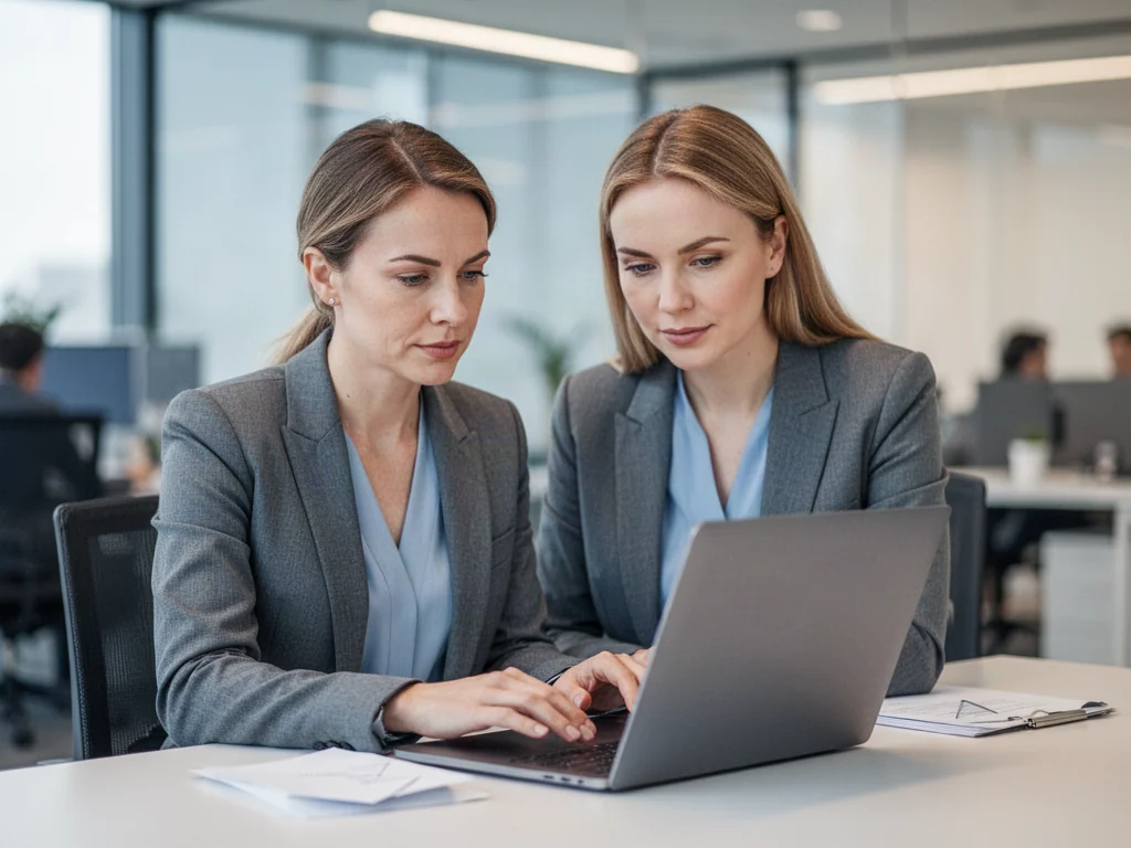 Kobieta pracująca przy laptopie w nowoczesnym biurze, wysyłająca wiadomość e-mail.