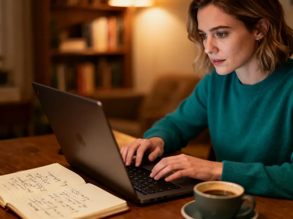 Pisząca na laptopie kobieta w przytulnym pokoju z notatnikiem i kawą na biurku, ilustrująca proces tworzenia fanfika.