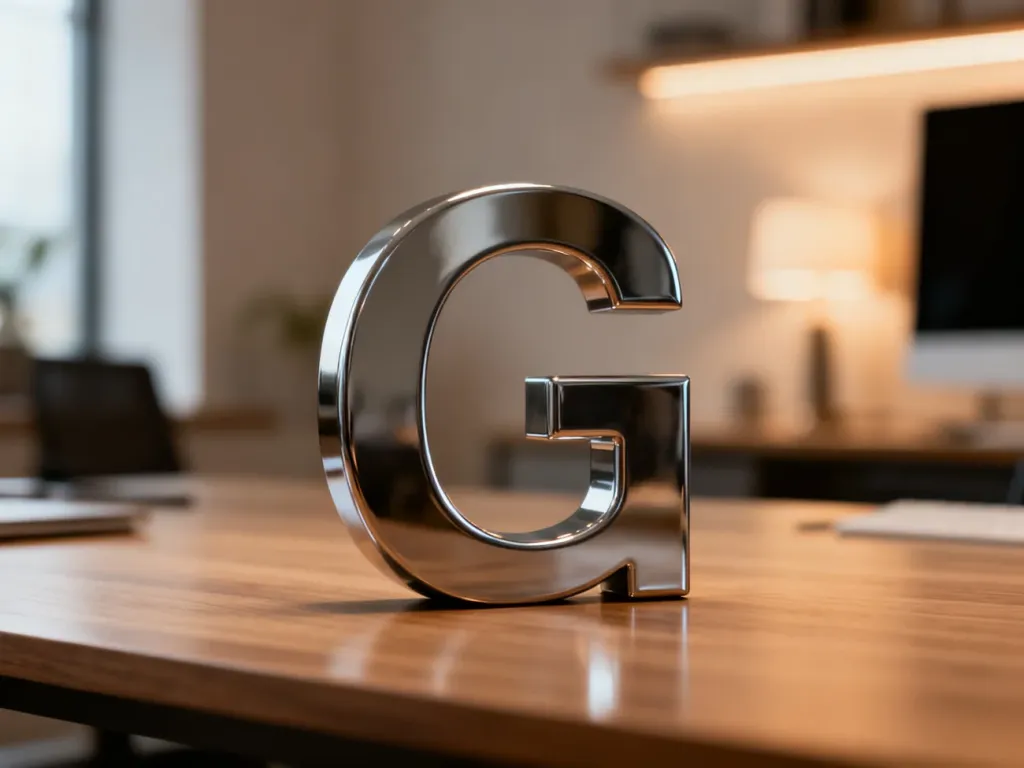 Elegancka, metalowa litera „G” na drewnianym biurku, symbolizująca pojęcie w nowoczesnym biurowym wnętrzu.