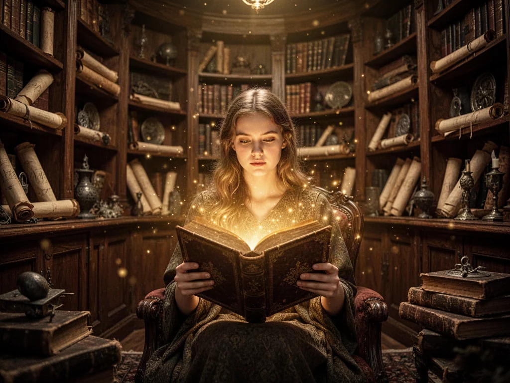 Młoda kobieta w przytulnej bibliotece czyta magiczną, świecącą księgę, co podkreśla mistrzowski klimat budowania świata przedstawionego.