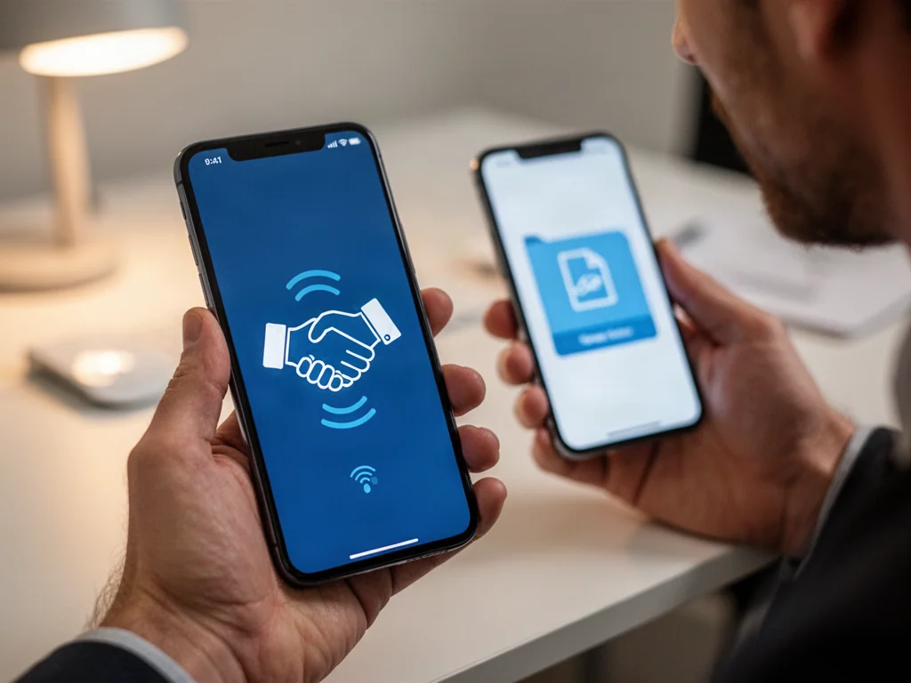 Dłoń trzymająca smartfon w pobliżu drugiego urządzenia, symbolizująca bezprzewodowe przesyłanie plików za pomocą funkcji Bump.