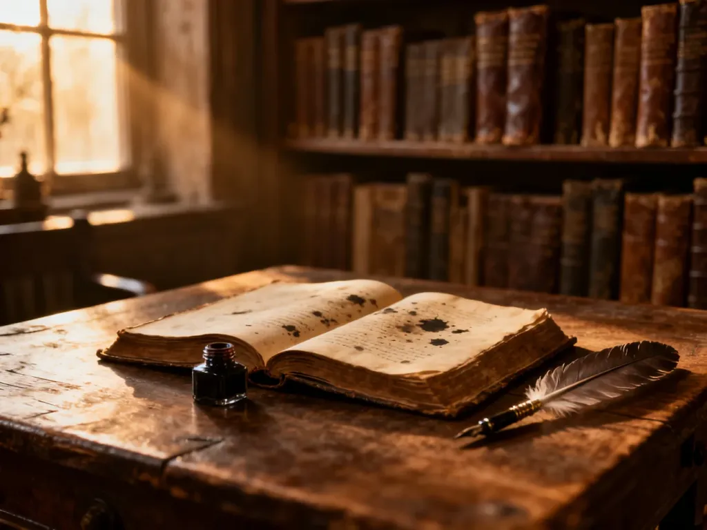 Stary drewniany stół z otwartą księgą i piórem w przytulnej bibliotece, nawiązujący do dawnego języka i literatury.