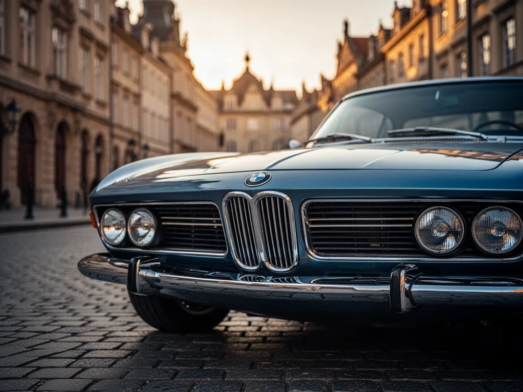 Zabytkowy samochód marki BMW zaparkowany na brukowanej ulicy historycznego miasta w świetle zachodzącego słońca.
