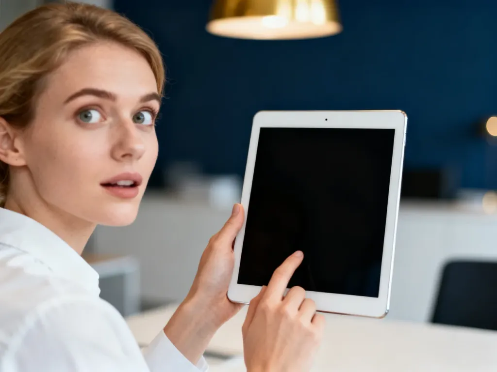 Kobieta w biurowym otoczeniu trzymająca pusty tablet, gotowy do wyświetlenia wyjaśnienia skrótu WTSK.