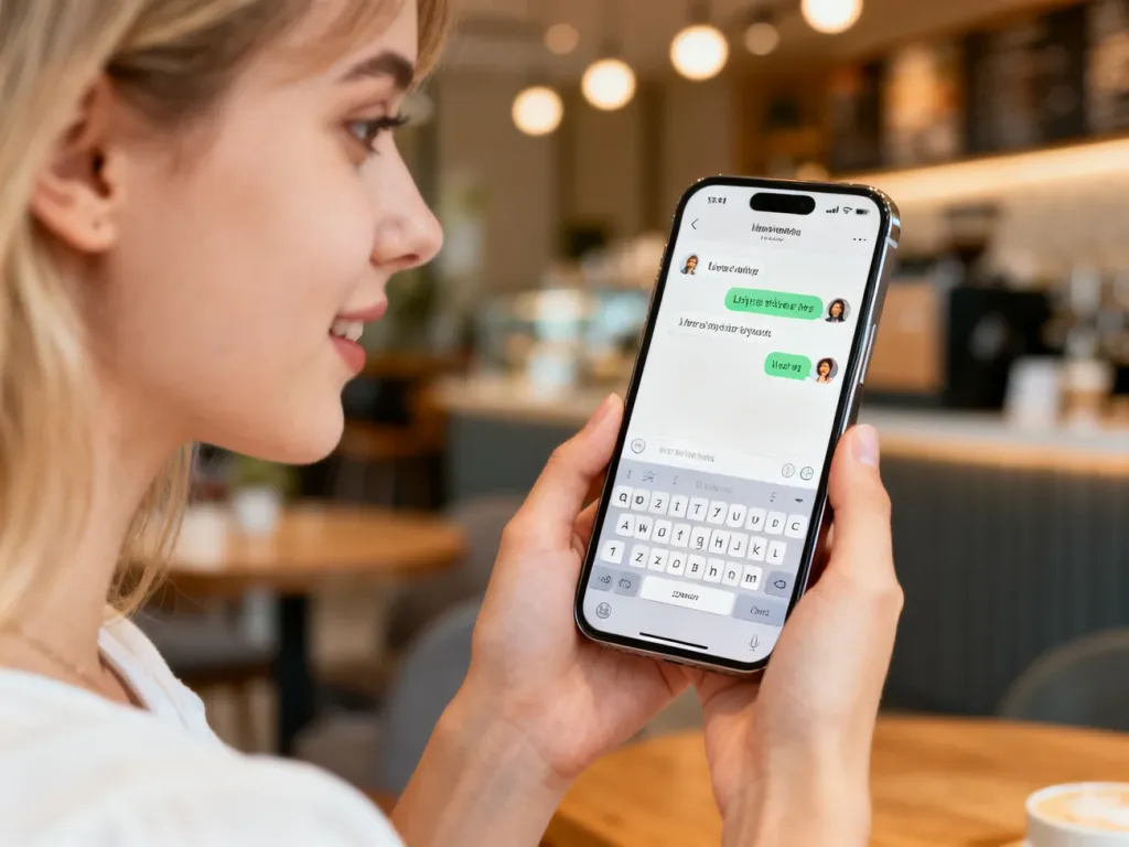 Młoda kobieta trzymająca smartfon z otwartą aplikacją do czatowania w przytulnej kawiarni.