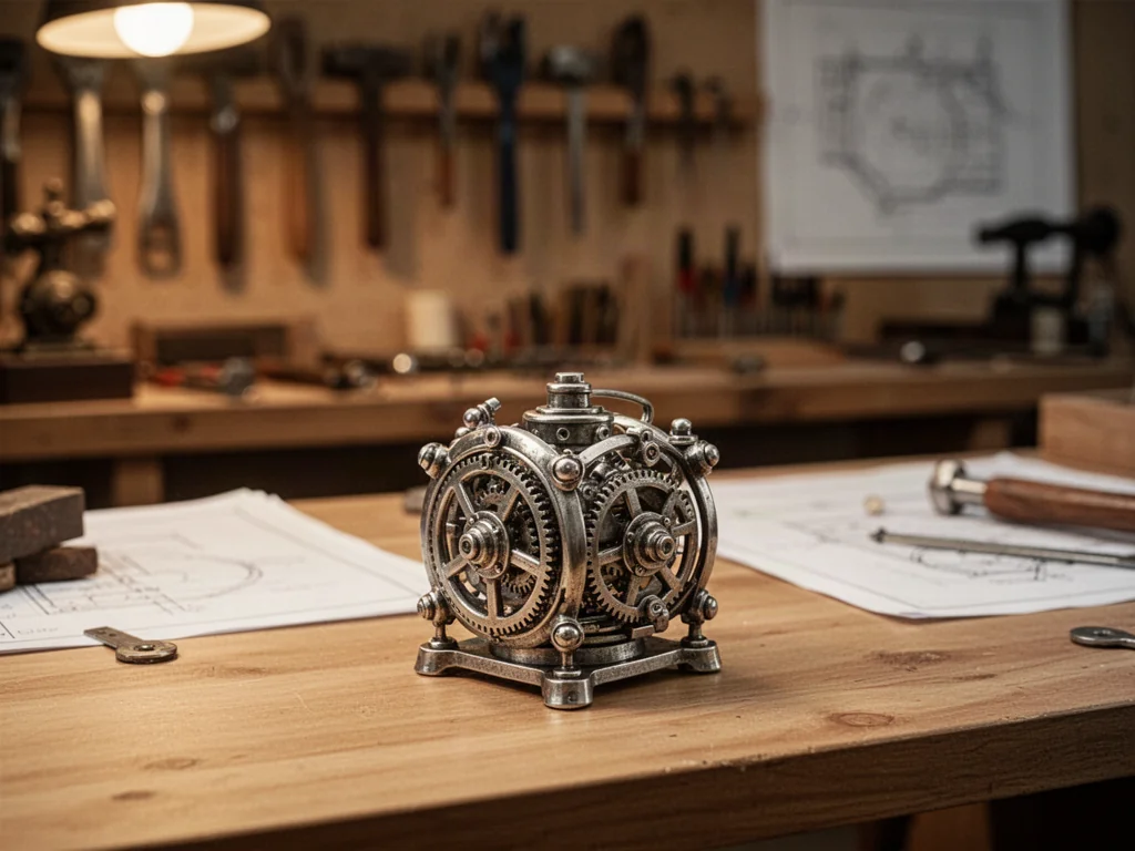 Mały, metalowy mechanizm z zębatkami na drewnianym stole warsztatowym, symbolizujący tajemniczy „dynks”.