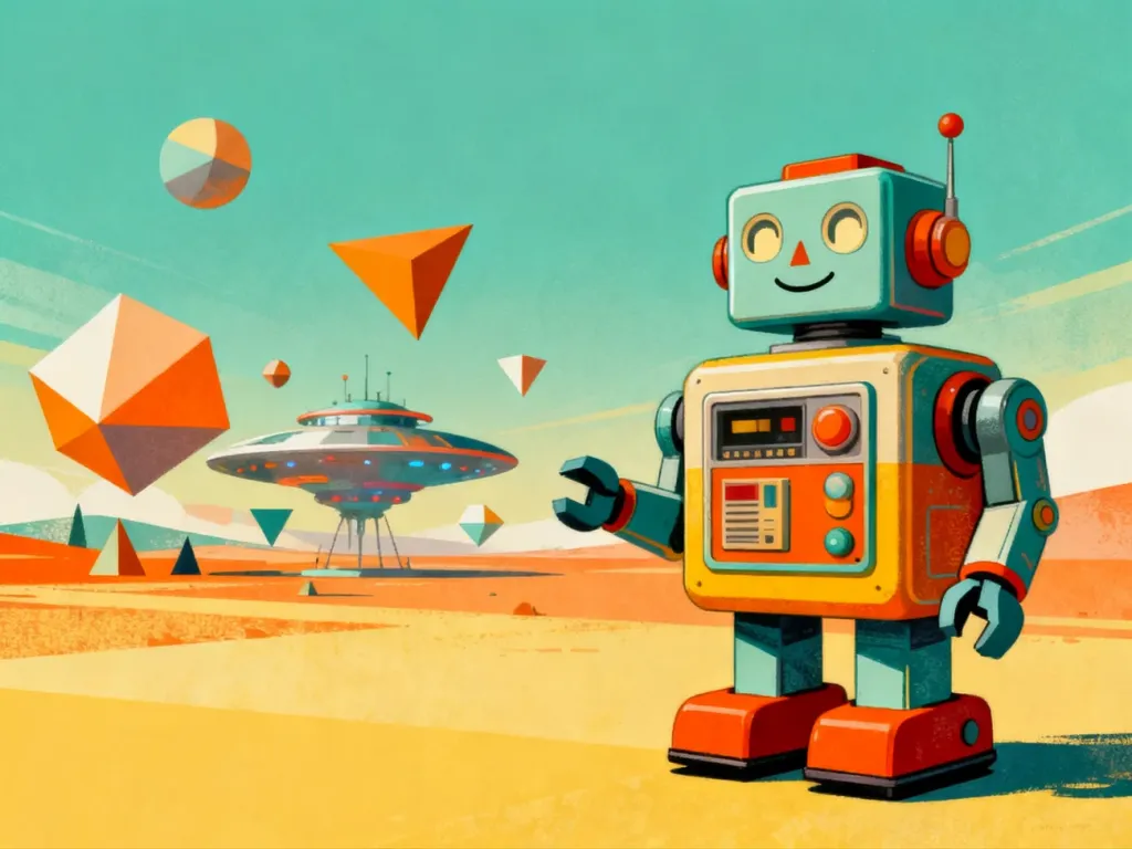 Kolorowa ilustracja w stylu pop-art przedstawiająca przyjaznego robota retro w surrealistycznym, kosmicznym krajobrazie.