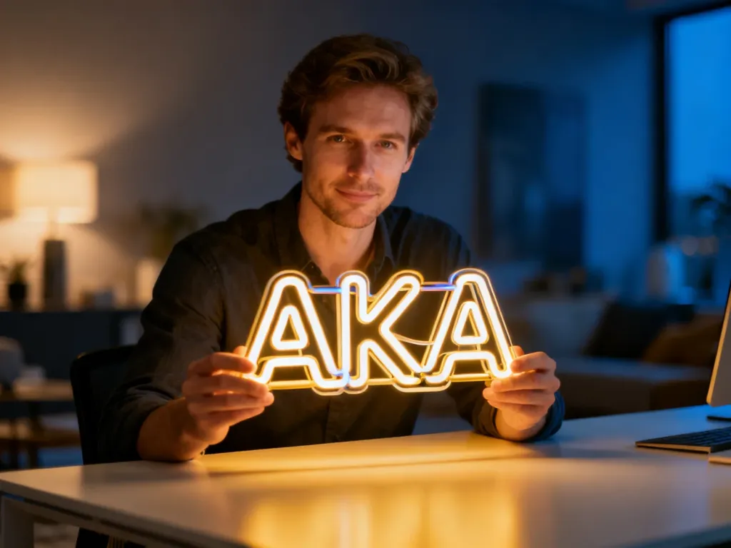 Mężczyzna siedzący przy biurku trzyma świecący neon z napisem „AKA” w nowoczesnym biurze.