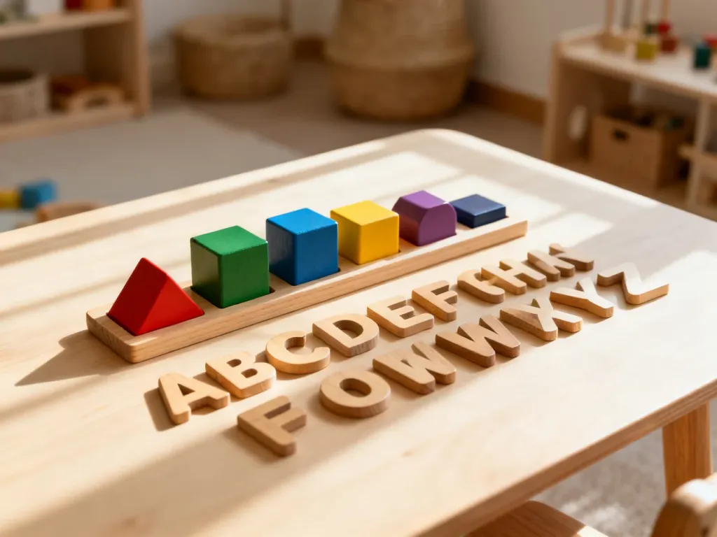 Drewniane klocki geometryczne i litery alfabetu Montessori ułożone na jasnym stole w przytulnym pokoju zabaw.