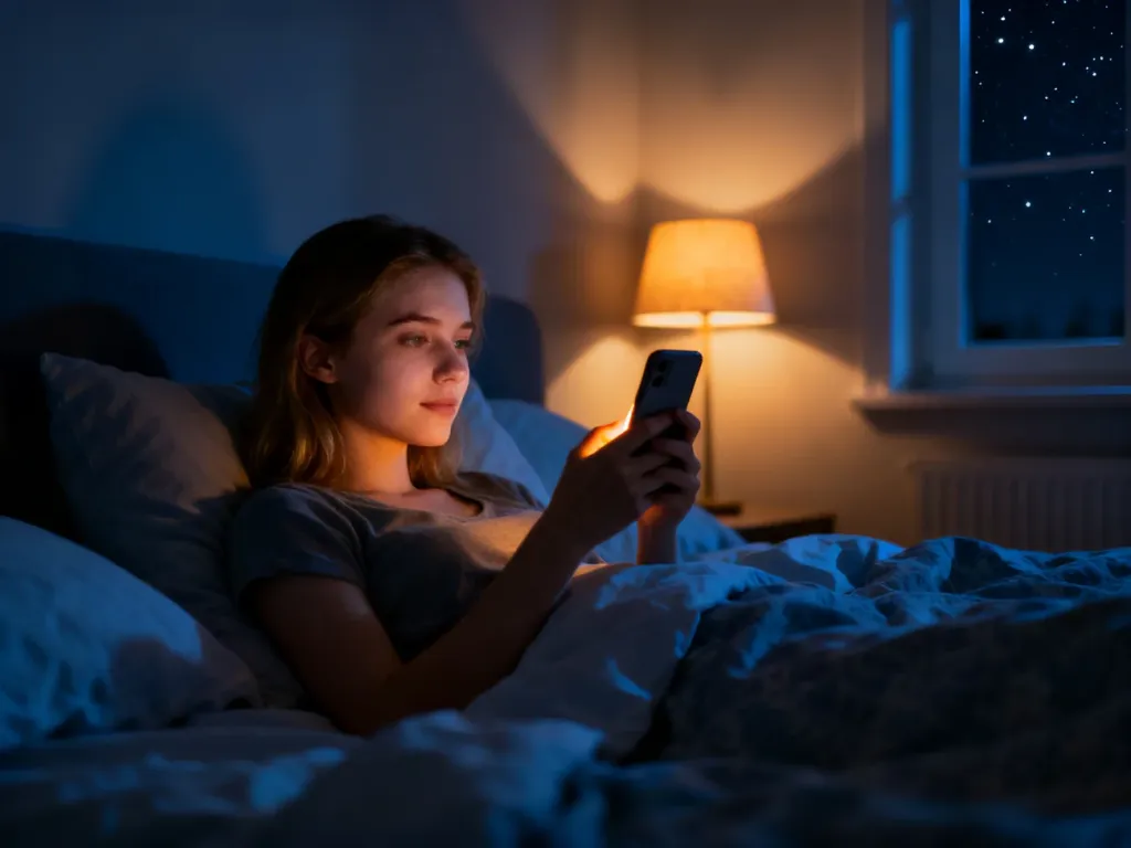 Młoda kobieta leżąca w łóżku z telefonem w dłoni w nocy, co nawiązuje do wieczornego użycia skrótu GN.