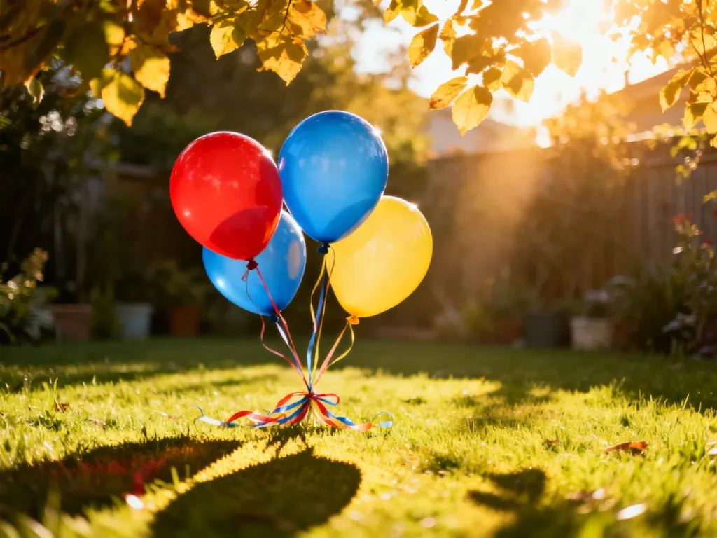 Kolorowe balony unoszące się nad zieloną trawą w słonecznym ogrodzie, zachęcające do wspólnej zabawy.