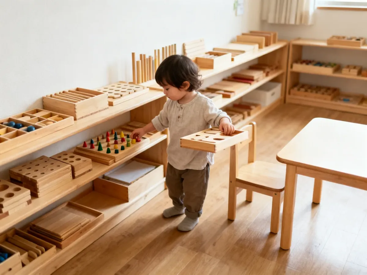 Dziecko samodzielnie wybiera materiał Montessori z niskiej półki w uporządkowanej sali