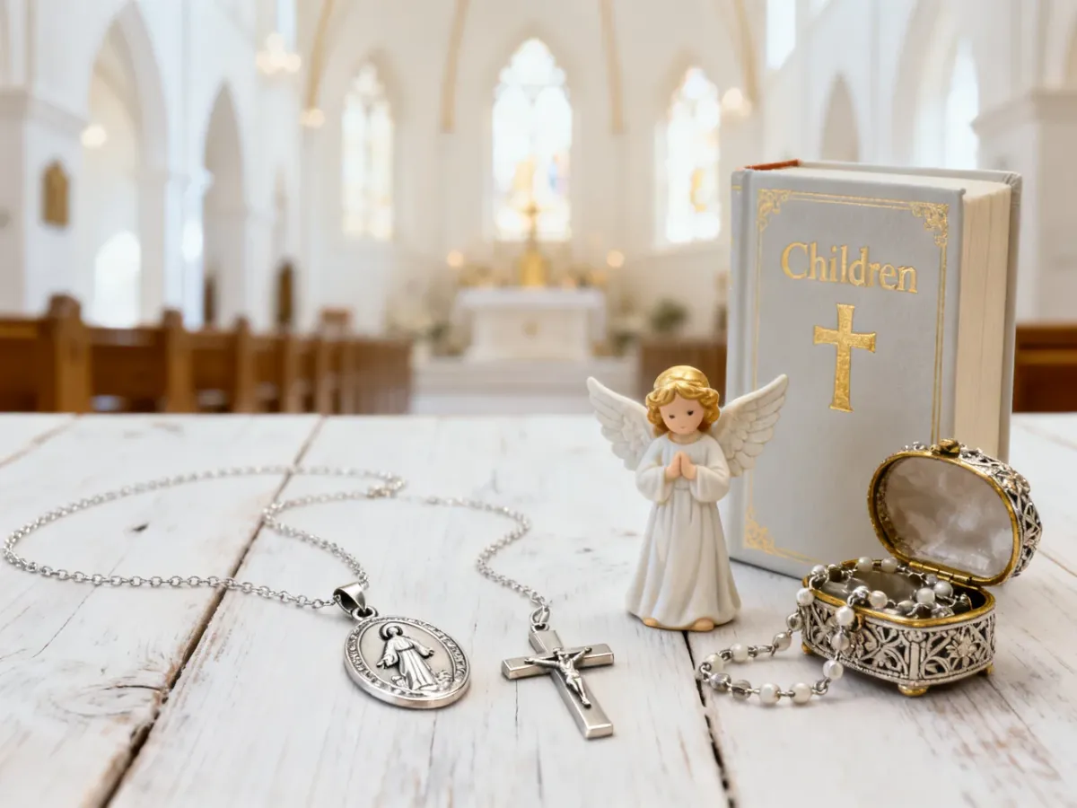 Religijne pamiątki chrztu dla chłopca ułożone na jasnej powierzchni