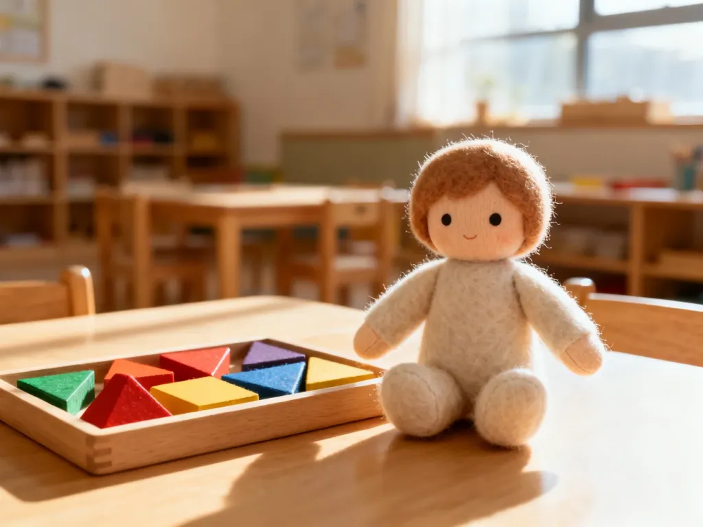 Drewniane pomoce Montessori oraz ręcznie wykonana lalka w stylu waldorfskim na tle przytulnej, słonecznej sali edukacyjnej.