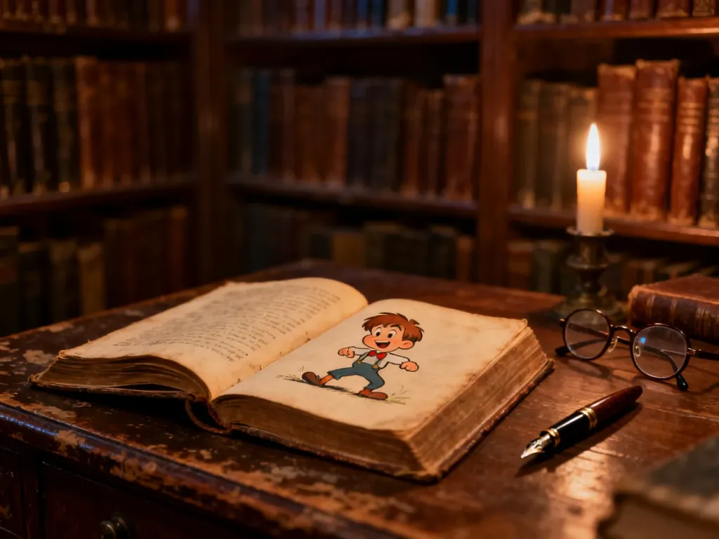 Otwarte stare książki z ilustracją chłopca, okulary i pióro na drewnianym biurku w bibliotece, tworzące klimat do czytania.