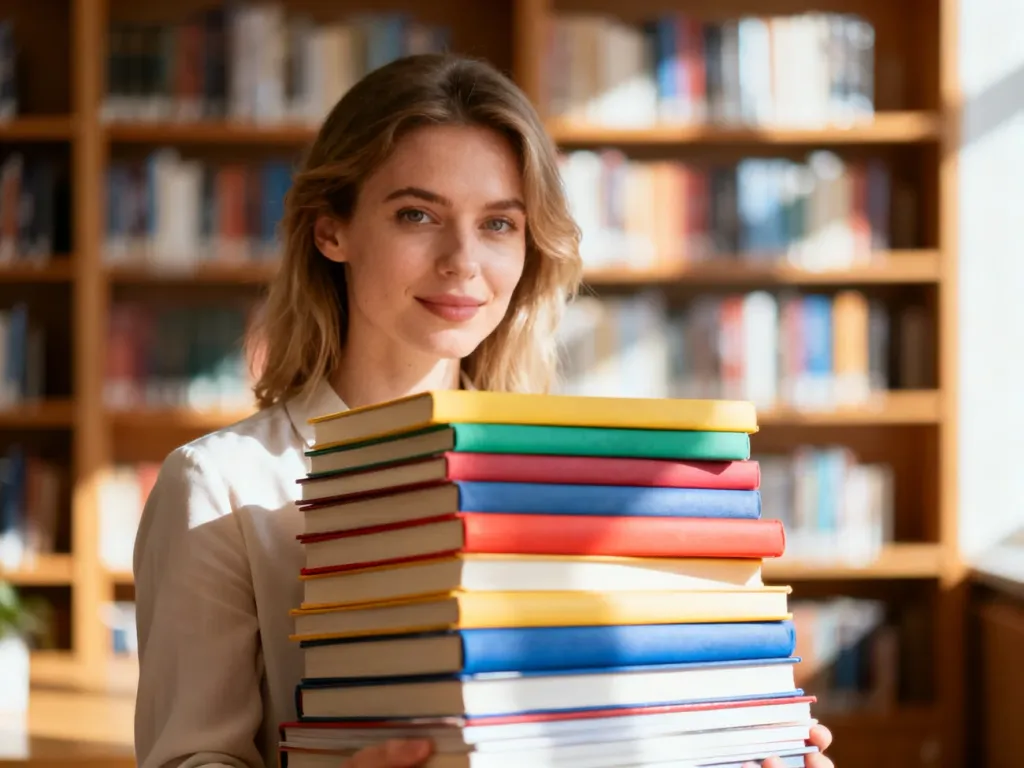 Kobieta w nowoczesnej bibliotece trzymająca duży stos kolorowych książek, symbolizujący obfitość i liczebność.