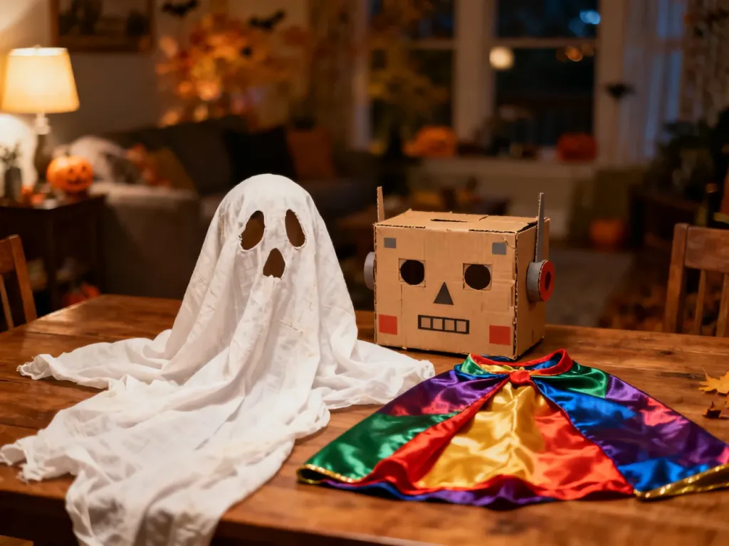Domowe kostiumy na Halloween dla dzieci: prześcieradło-duch, maska robota i kolorowe peleryny przygotowane na drewnianym stole.
