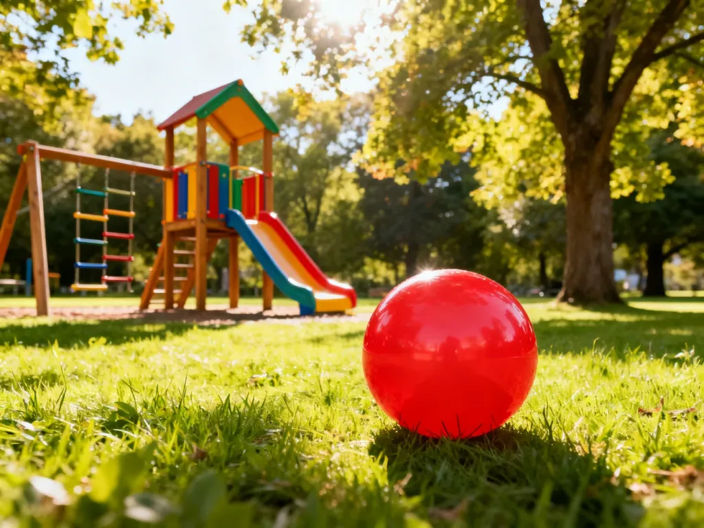Kolorowy plac zabaw w słonecznym parku z drewnianą konstrukcją do wspinaczki i czerwoną piłką na trawie.