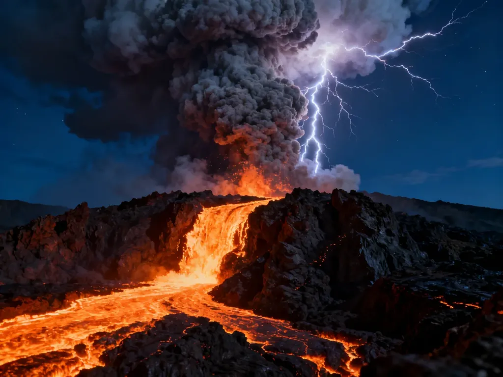 Potężna erupcja wulkanu nocą z płynącą lawą i wyładowaniami atmosferycznymi w chmurze popiołu.
