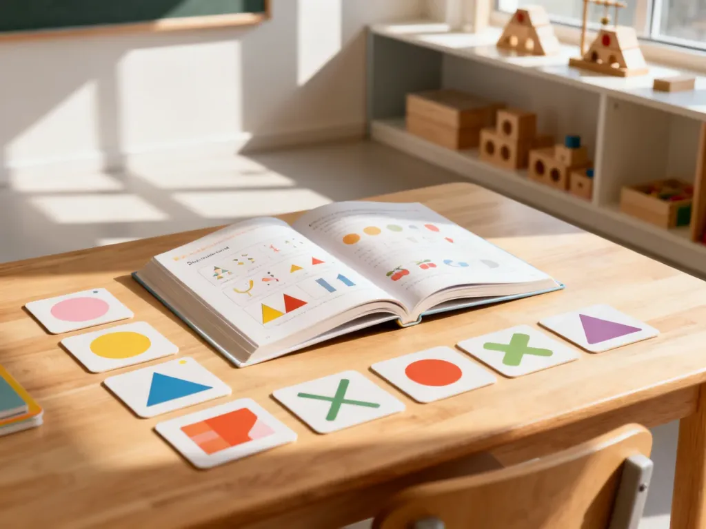Otwarta książka edukacyjna i kolorowe karty do nauki na drewnianym biurku w przyjaznej przestrzeni do edukacji domowej.