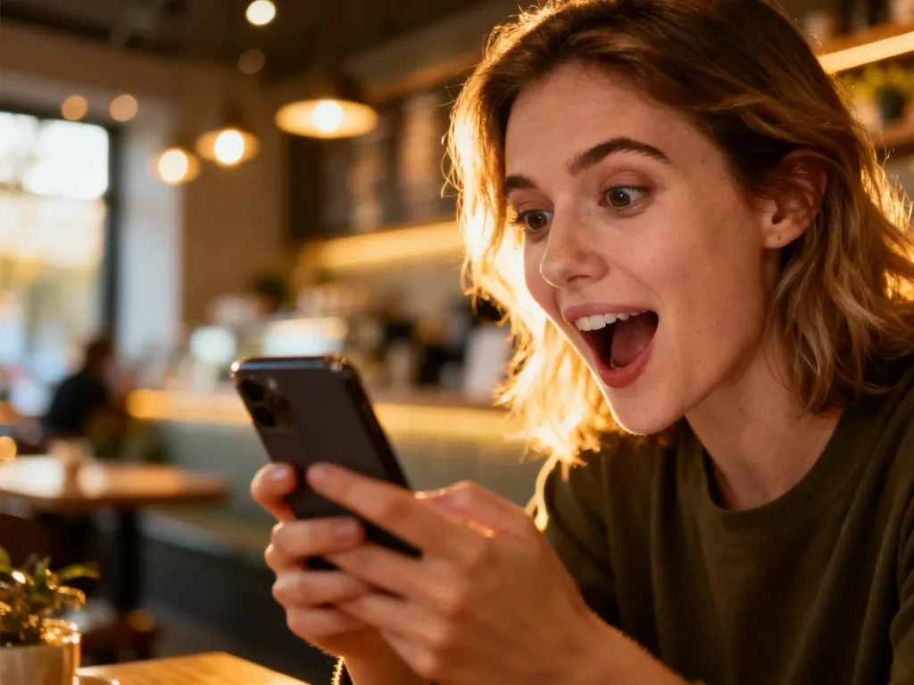 Kobieta z ekscytacją przegląda telefon w kawiarni, co ilustruje zaskakującą wiadomość lub nagły przypływ gotówki.