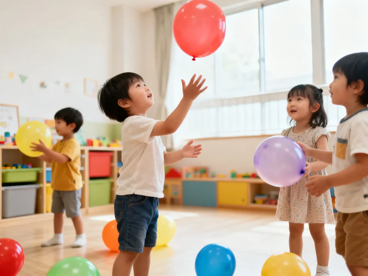 Dzieci bawiące się kolorowymi balonami w jasnym pokoju