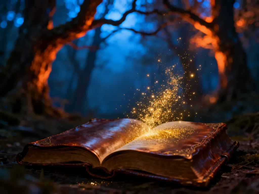 Otwarta, starodawna księga z unoszącym się magicznym pyłem na tle tajemniczego lasu, symbolizująca świat baśni i legend.