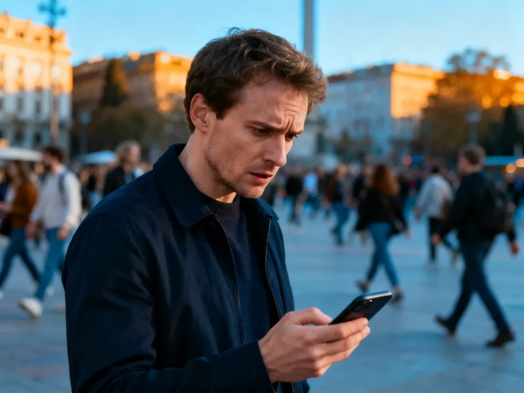 Zdezorientowany mężczyzna patrzący na smartfon w tłocznym mieście, ilustrujący sytuację wymagającą wyjaśnienia.