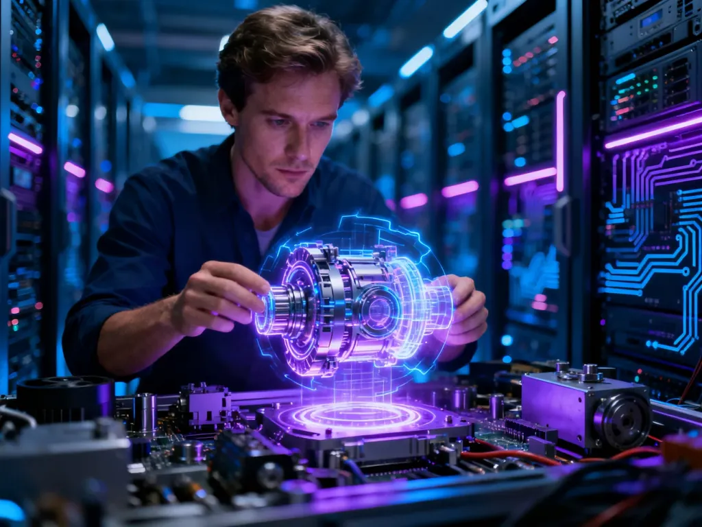 Mężczyzna w futurystycznym laboratorium analizuje świecący, holograficzny rdzeń mechaniczny w otoczeniu zaawansowanych serwerów.