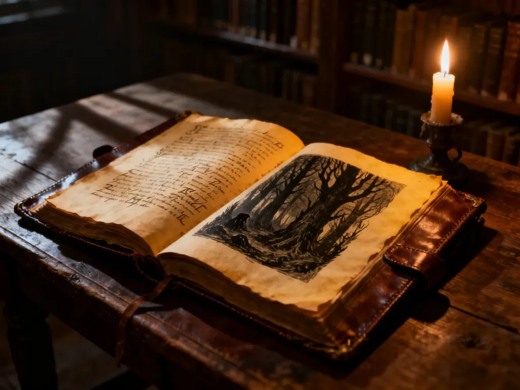 Otwarta, starodawna księga z mrocznymi ilustracjami leżąca na drewnianym stole w klimatycznej, słabo oświetlonej bibliotece.