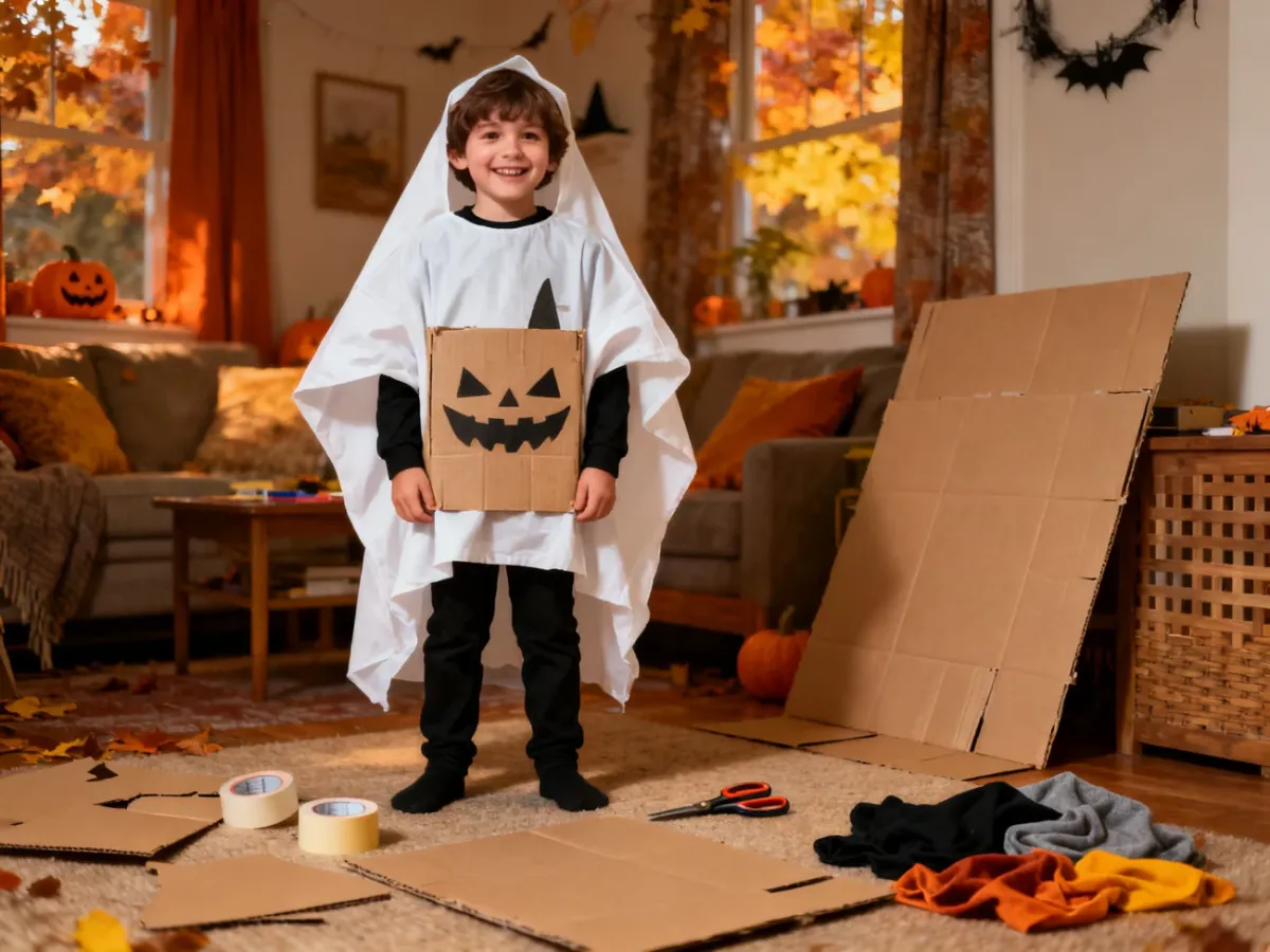 Dziecko w domowym kostiumie halloweenowym wykonanym z prostych materiałów