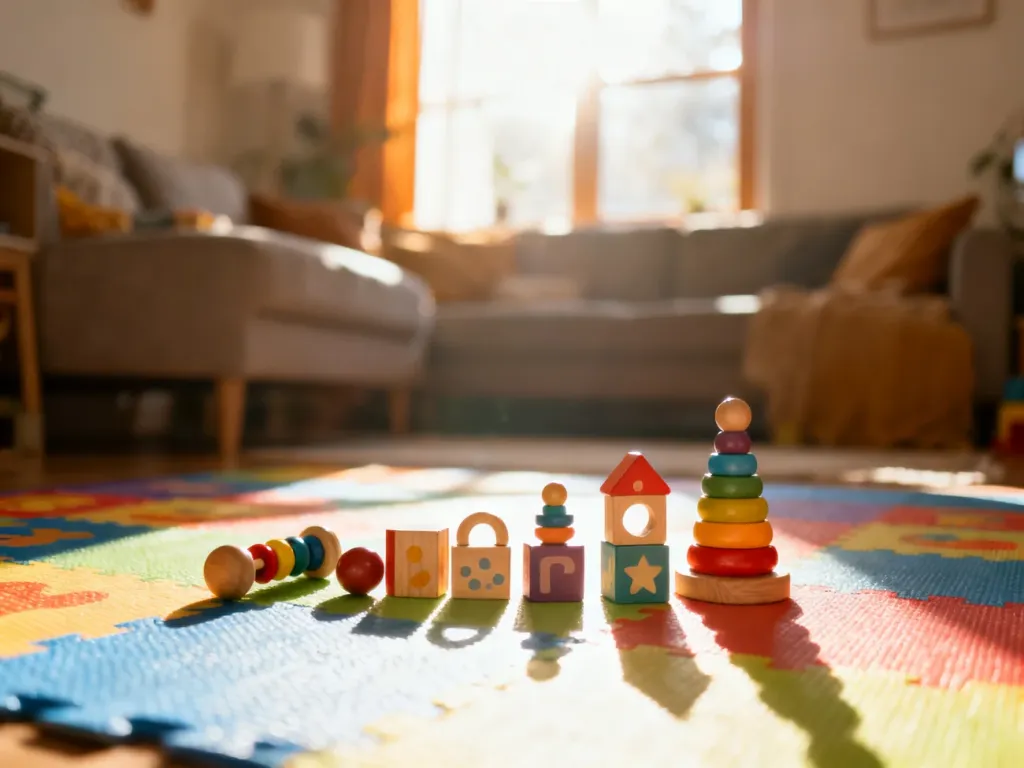 Kolorowa mata edukacyjna z drewnianymi zabawkami i klockami w słonecznym salonie, zachęcająca do wspólnej zabawy z dzieckiem.