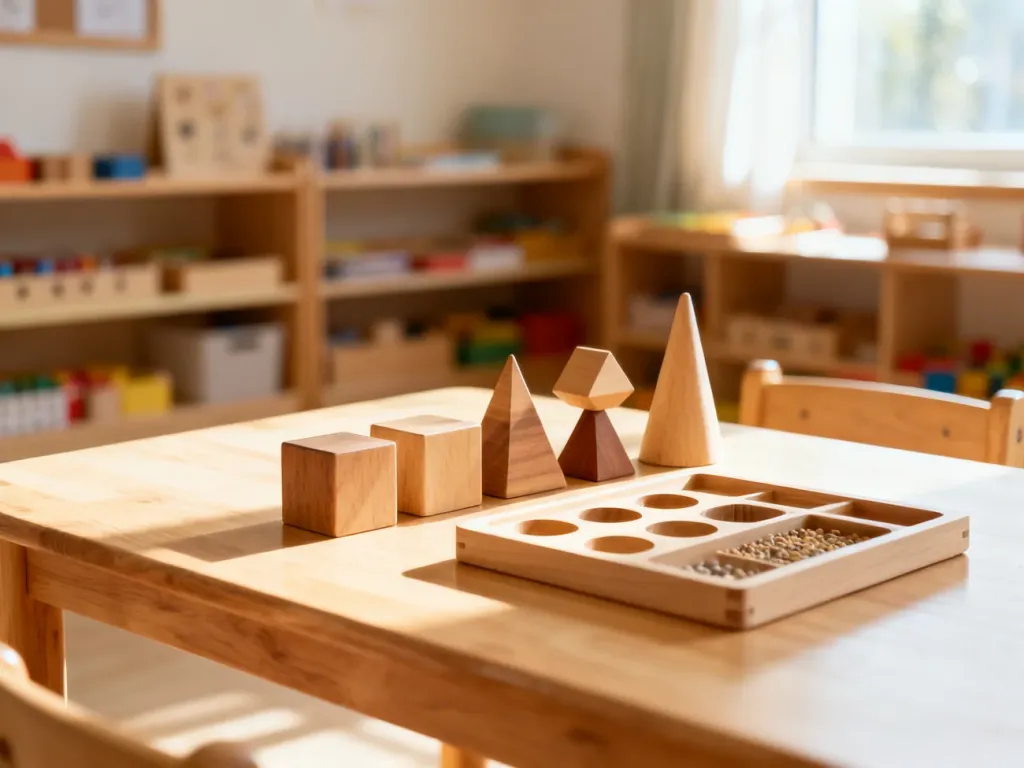 Drewniane pomoce edukacyjne Montessori ułożone na dębowym stole w jasnej, przytulnej sali lekcyjnej.