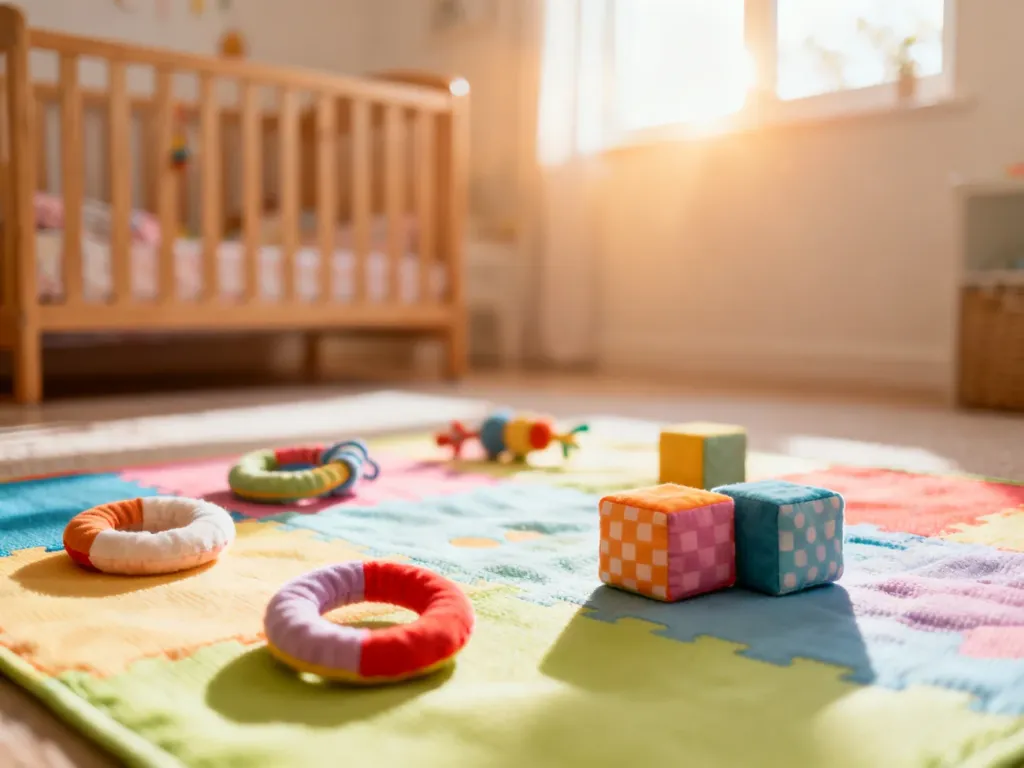 Kolorowa mata edukacyjna z sensorycznymi zabawkami w przytulnym pokoju dziecięcym, idealna do stymulacji rozwoju niemowlęcia.