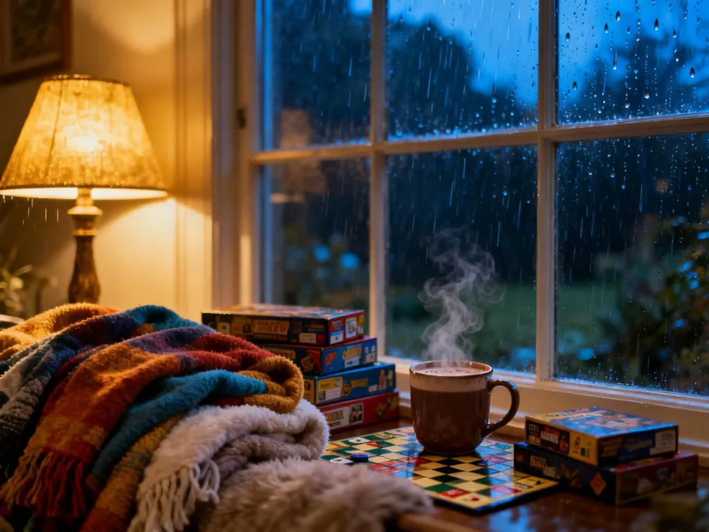 Przytulny kącik z kocami, grami planszowymi i gorącym kakao przy oknie w deszczowy dzień. Idealna atmosfera na zabawę w domu.