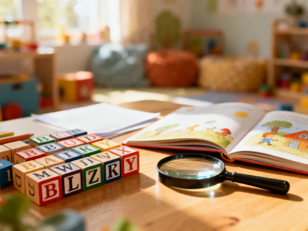 Drewniane klocki z literami, książki i lupa na stole, tworzące przyjazną przestrzeń do nauki języka przez zabawę.