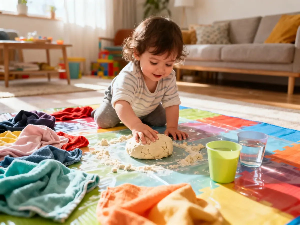 Dwulatek podczas bezpiecznej zabawy sensorycznej z domowymi materiałami